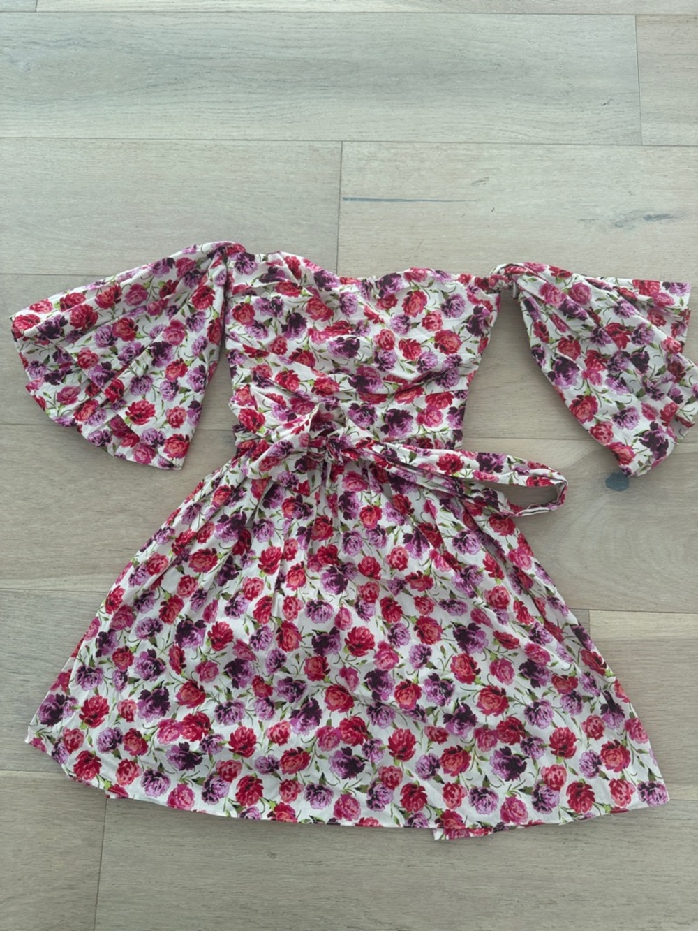 Zara White Floral Off-Shoulder Tie-Waist Dress with Pink & Magenta Roses